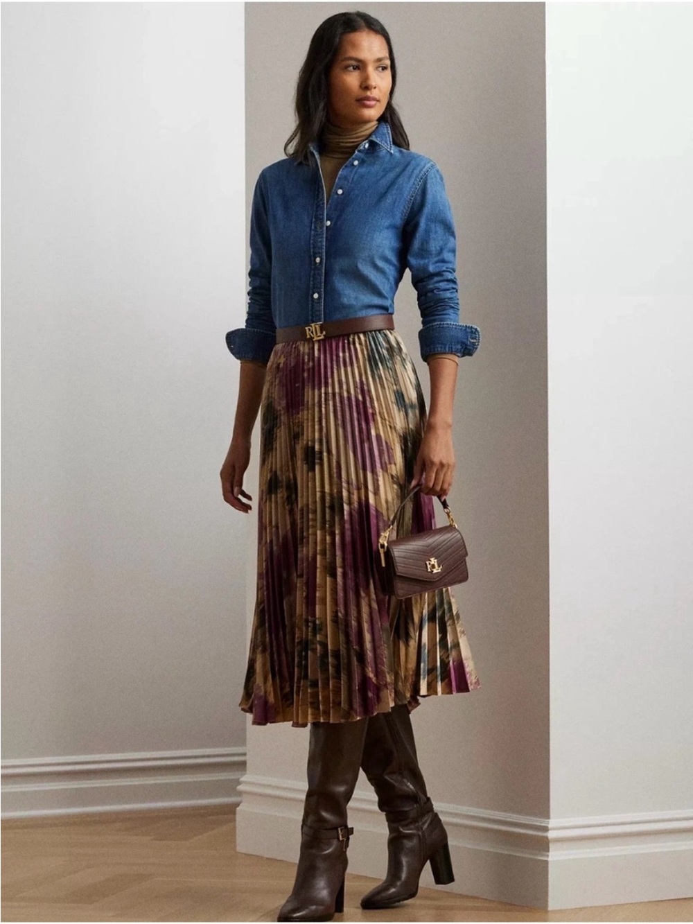Ralph Lauren Pleated Satin Midi Skirt NWT 14